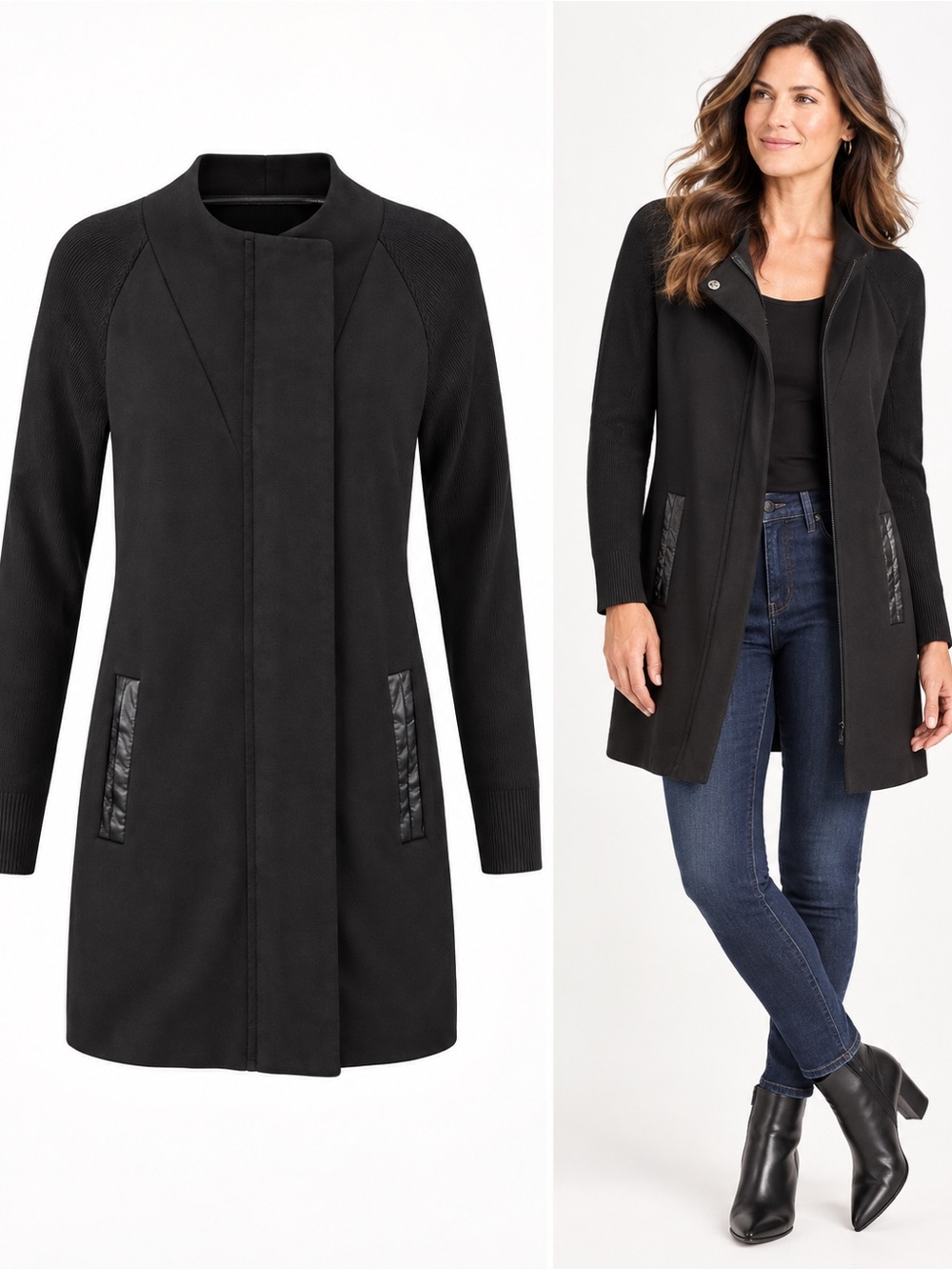 CAbi Tailor Ponte Knit Coat Jacket #3351 Black XS Faux Leather Trim Zip Snap